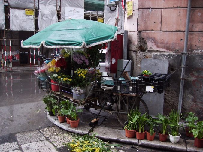 Ein Blumenstand in Palermo. einige der blühenden Schönheiten liegen auf der nassen Straße. Symbolbild für Kritik an LinkedIn